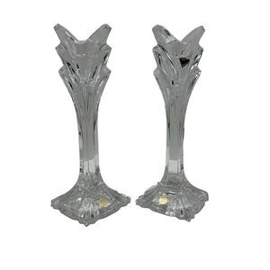 Set Of 2 Vtg Slovakia Lead Crystal Candle Holders Clear Art Glass Candlesticks